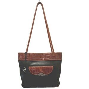 Brighton Large  Leather  Shoulder Bag Black With Brown Crocodile Embossed Trim